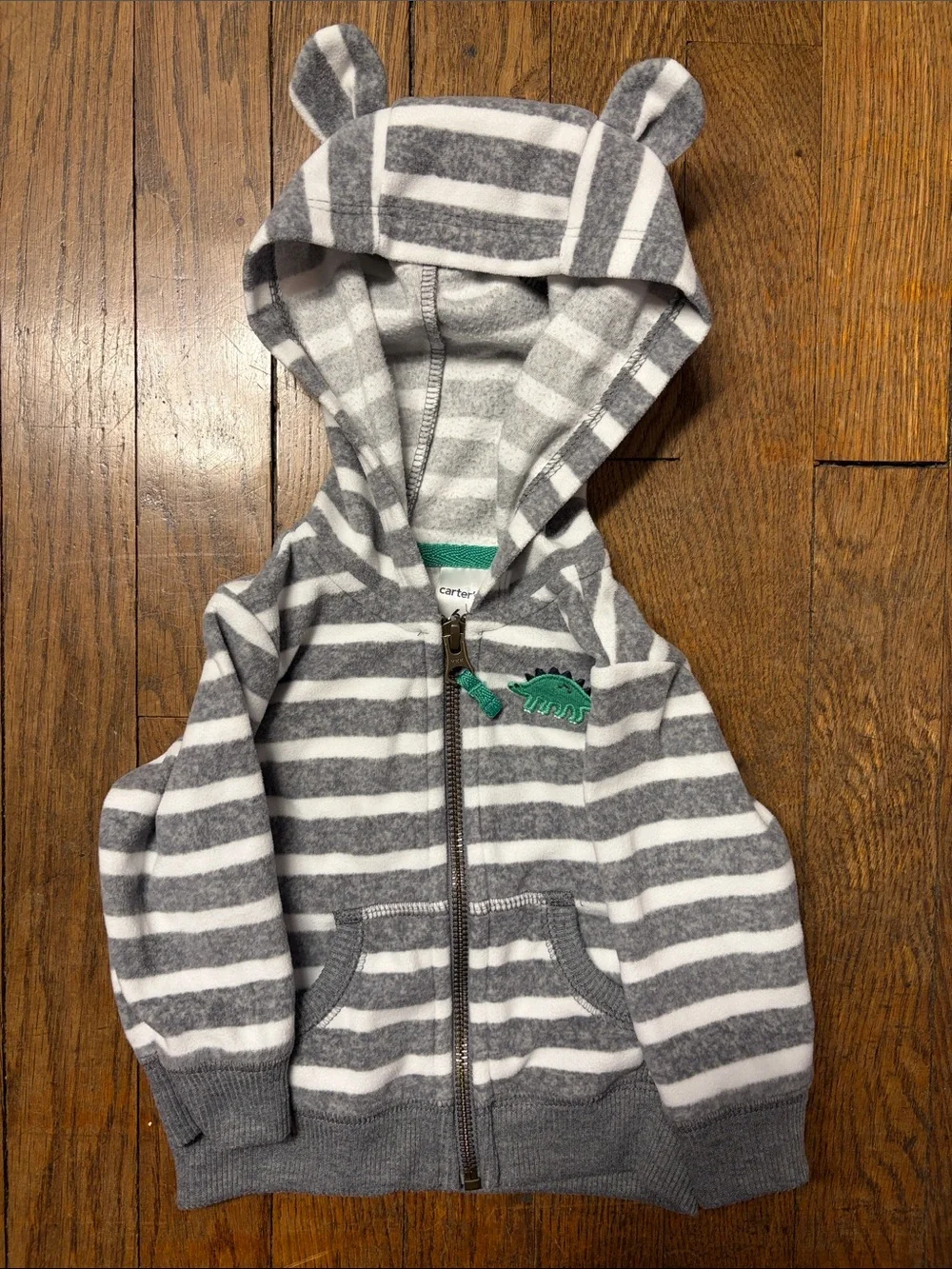 Carter's Gray & White Striped Hooded Zip Sweatshirt with Green Dino